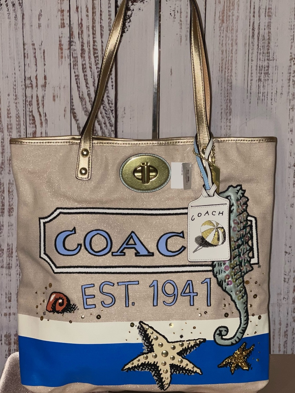 NWT! COACH PIERRE LE-TAN SEAHORSE BEACH NATURAL GOLD CANVAS SLIM TOTE 14999 RARE